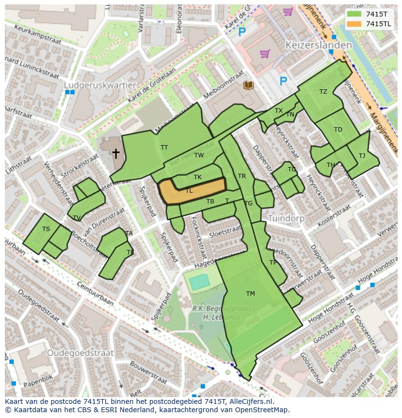 Afbeelding van het postcodegebied 7415 TL op de kaart.