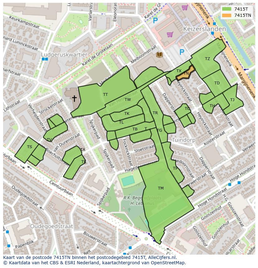 Afbeelding van het postcodegebied 7415 TN op de kaart.