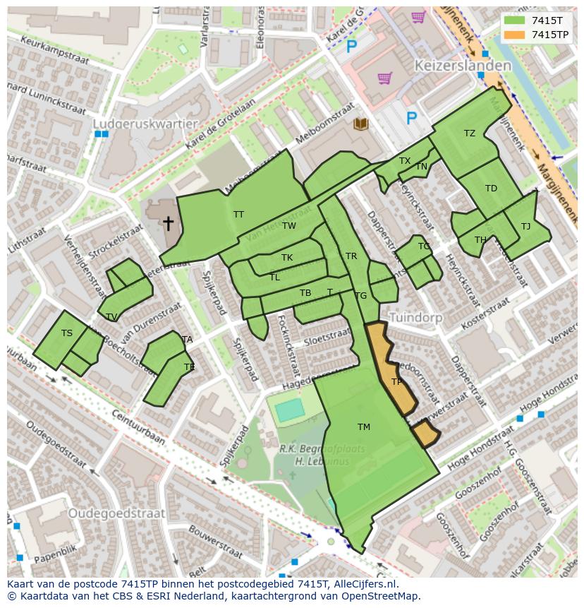 Afbeelding van het postcodegebied 7415 TP op de kaart.