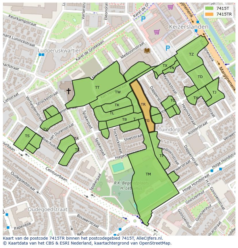 Afbeelding van het postcodegebied 7415 TR op de kaart.