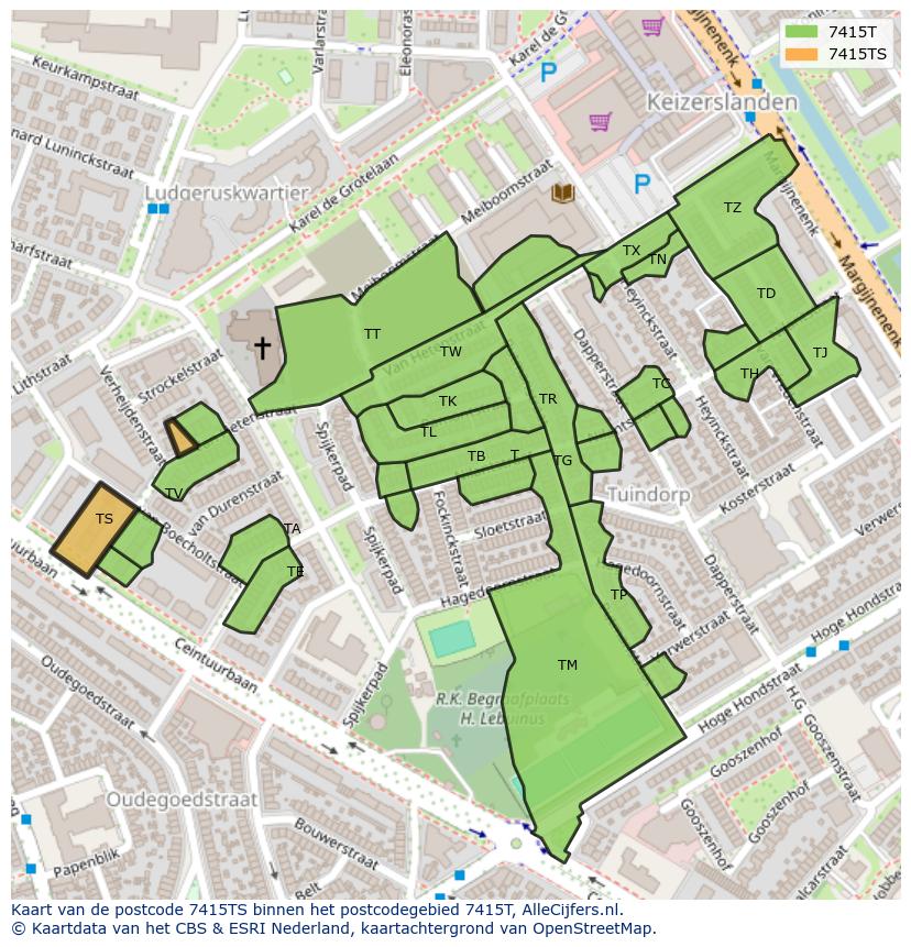 Afbeelding van het postcodegebied 7415 TS op de kaart.