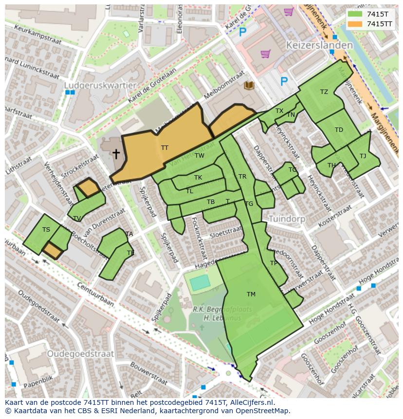 Afbeelding van het postcodegebied 7415 TT op de kaart.