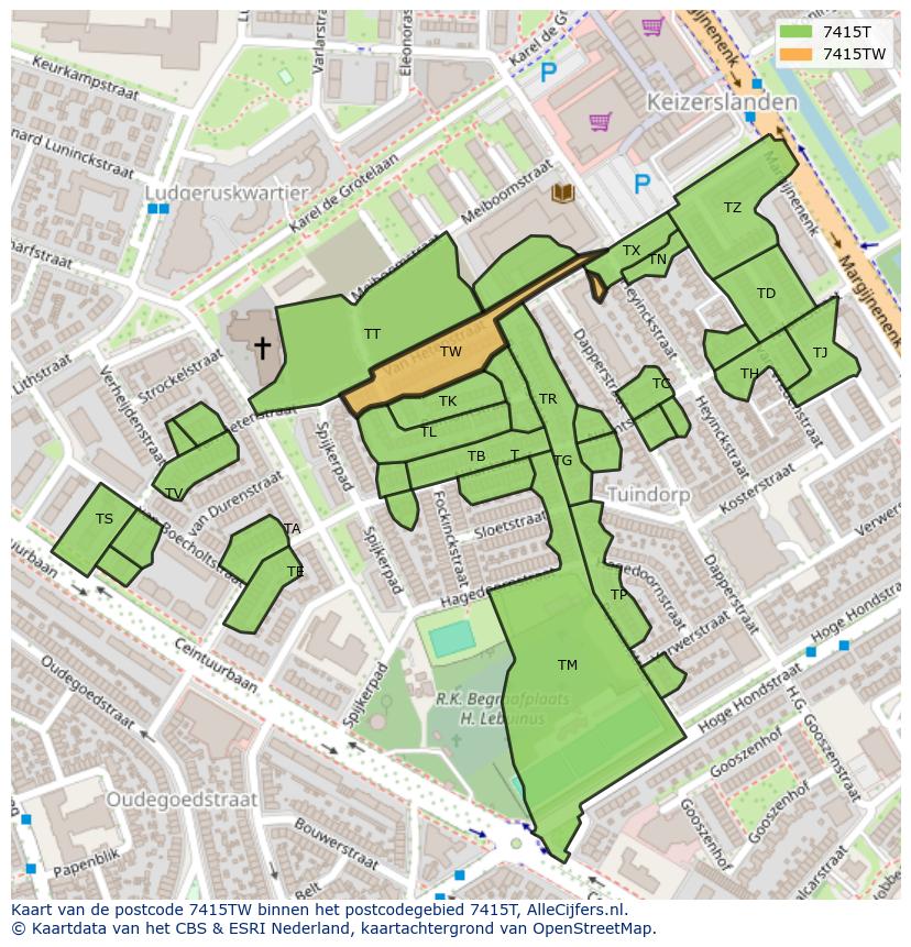 Afbeelding van het postcodegebied 7415 TW op de kaart.