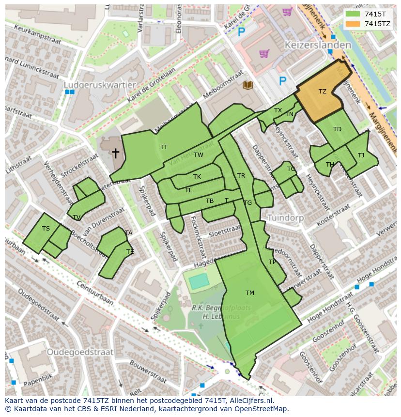 Afbeelding van het postcodegebied 7415 TZ op de kaart.