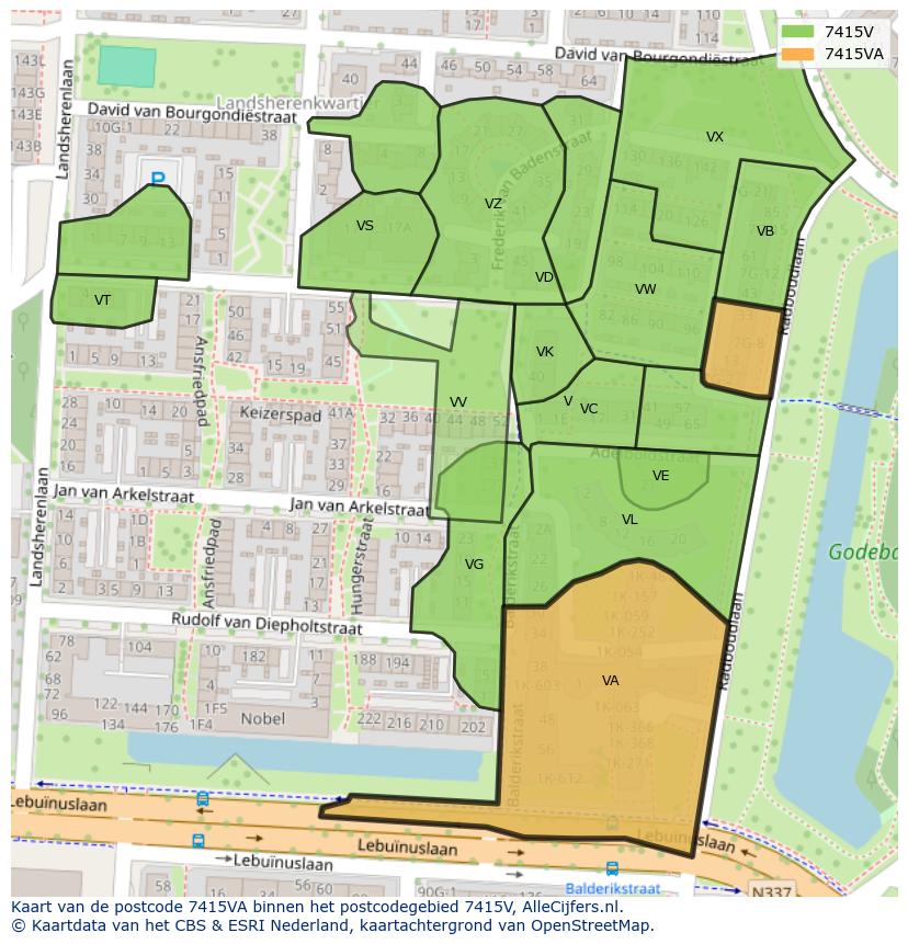 Afbeelding van het postcodegebied 7415 VA op de kaart.