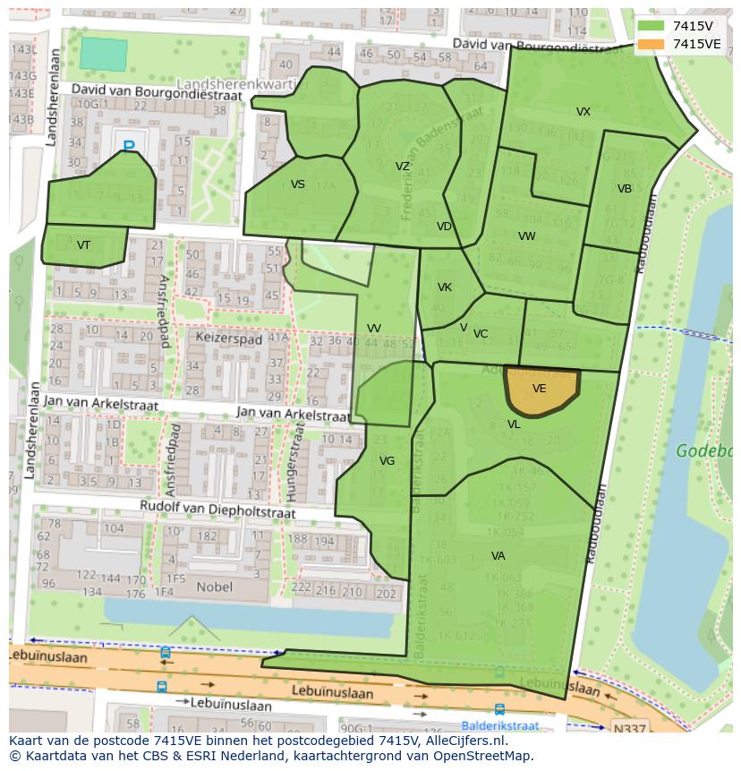 Afbeelding van het postcodegebied 7415 VE op de kaart.