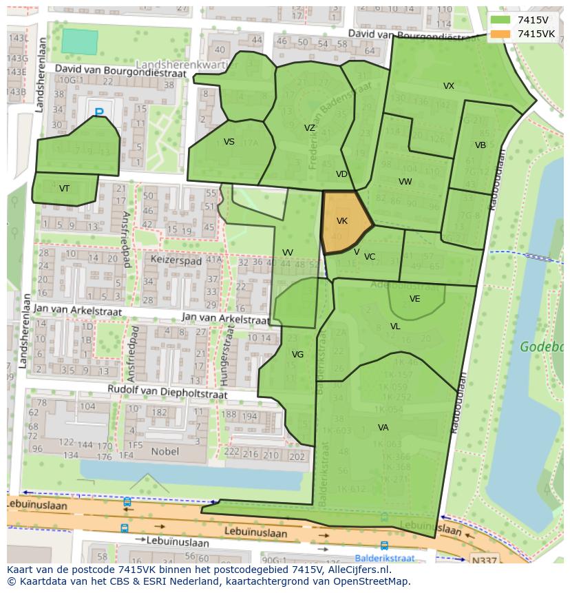 Afbeelding van het postcodegebied 7415 VK op de kaart.