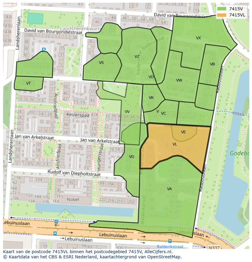 Afbeelding van het postcodegebied 7415 VL op de kaart.