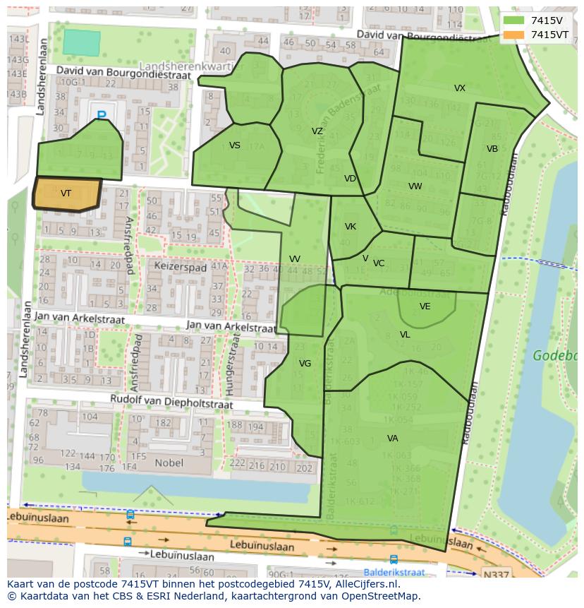 Afbeelding van het postcodegebied 7415 VT op de kaart.
