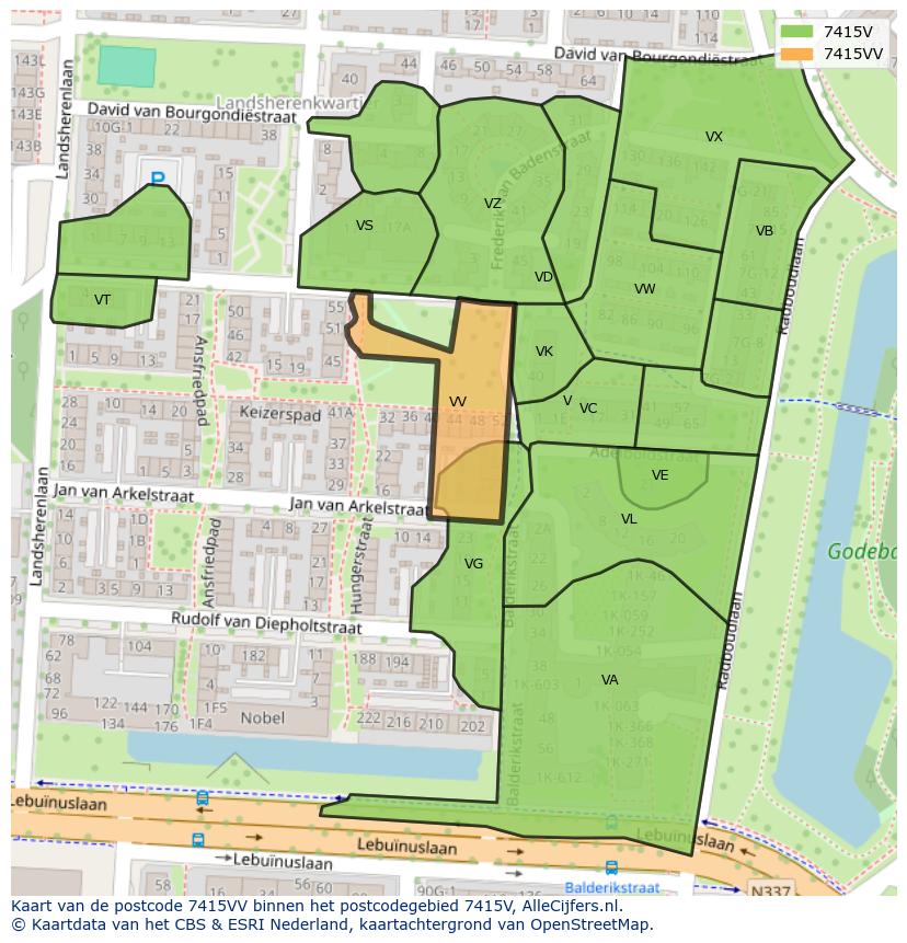 Afbeelding van het postcodegebied 7415 VV op de kaart.