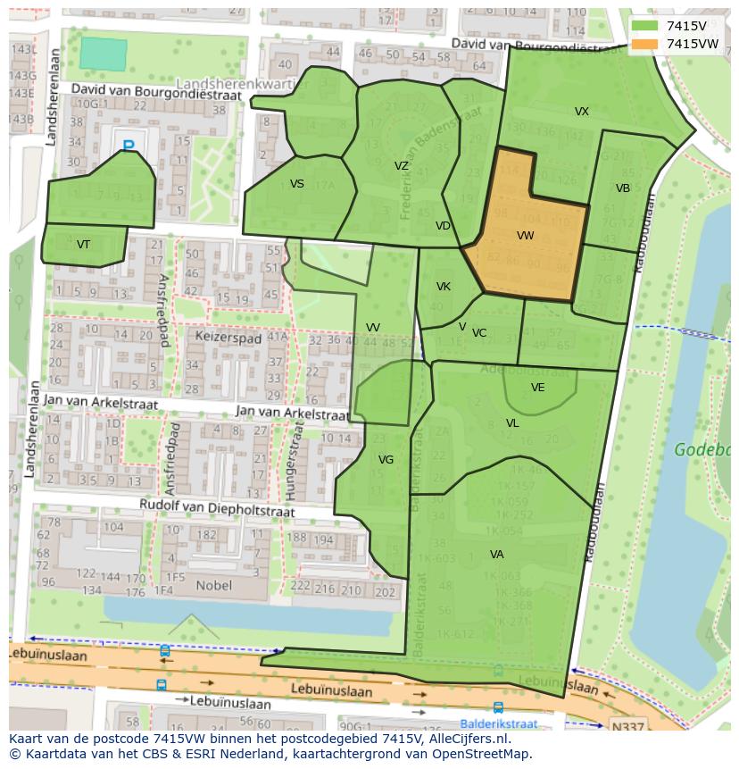 Afbeelding van het postcodegebied 7415 VW op de kaart.