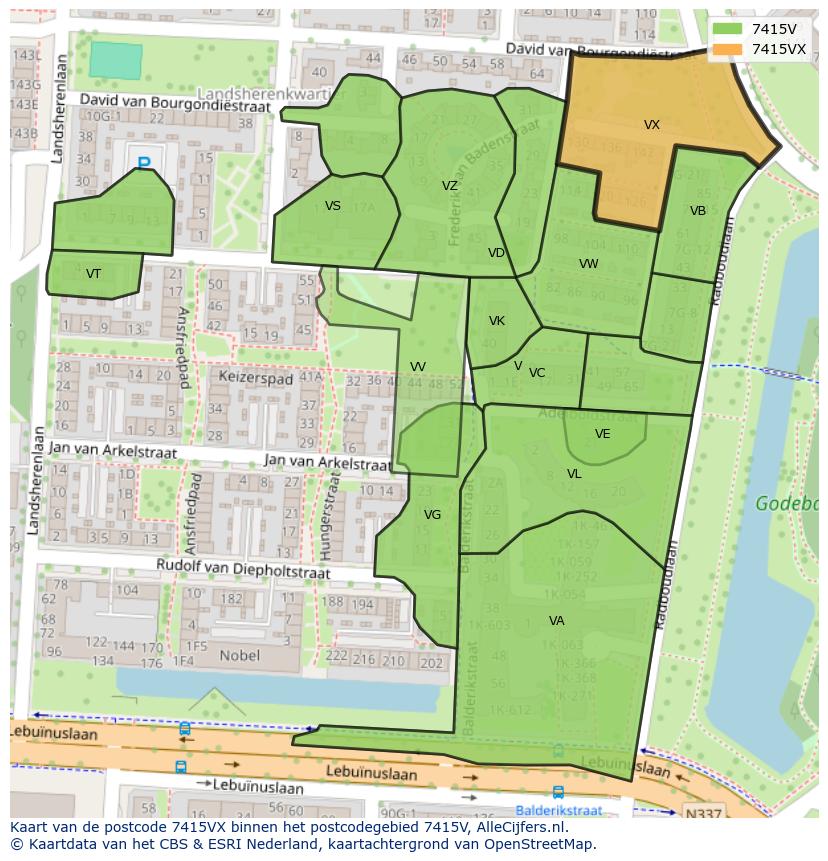 Afbeelding van het postcodegebied 7415 VX op de kaart.
