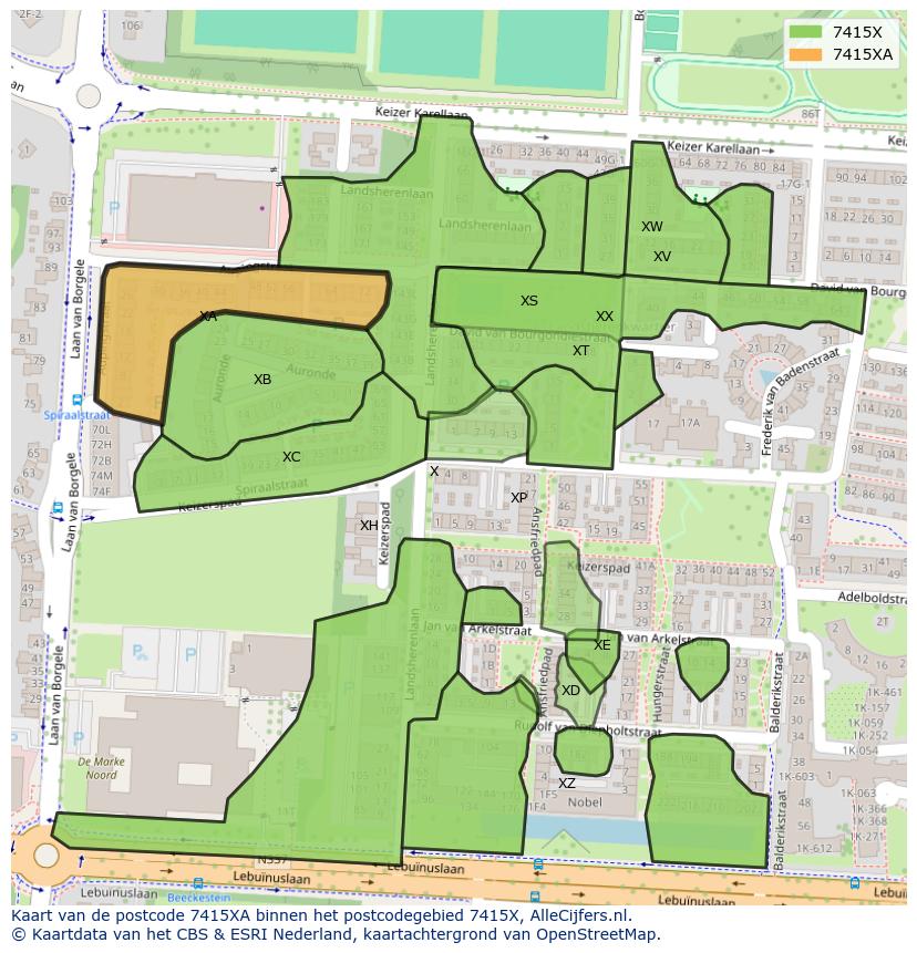 Afbeelding van het postcodegebied 7415 XA op de kaart.