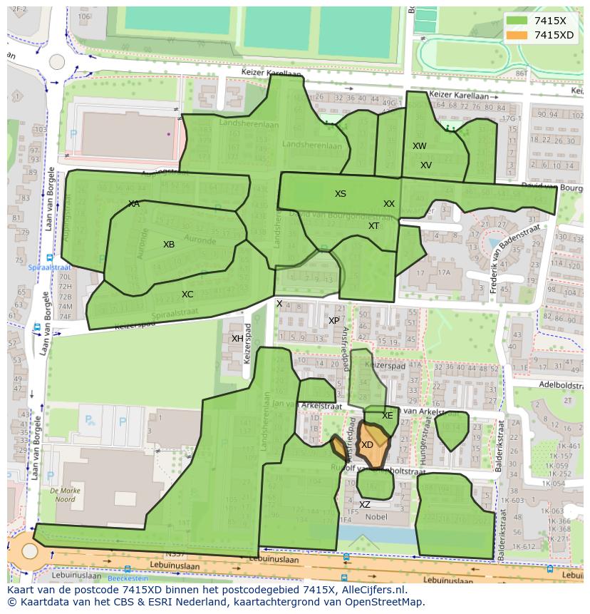 Afbeelding van het postcodegebied 7415 XD op de kaart.
