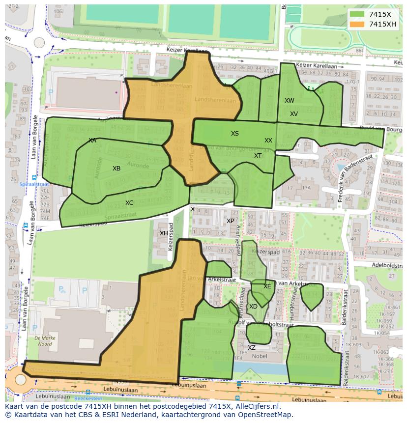 Afbeelding van het postcodegebied 7415 XH op de kaart.