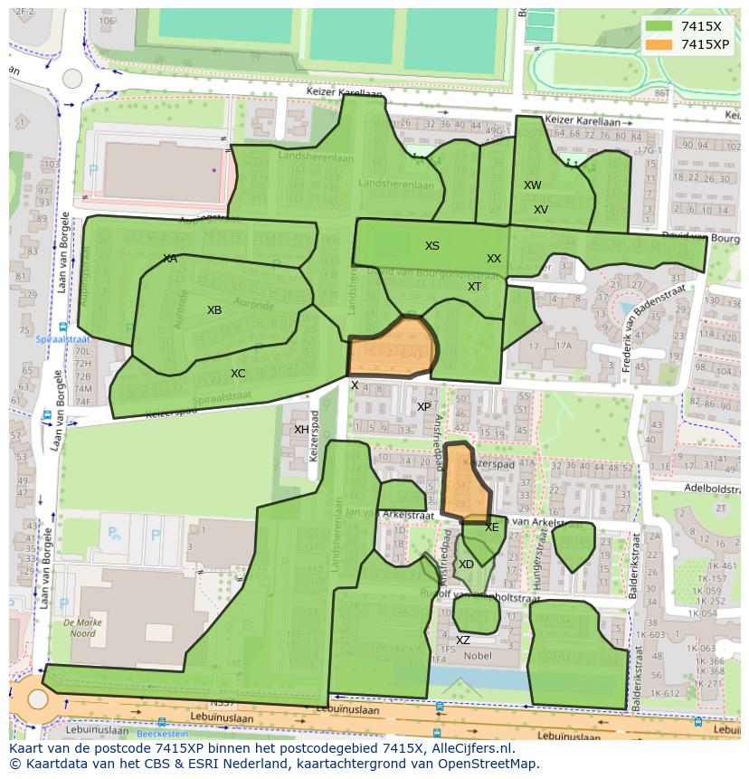 Afbeelding van het postcodegebied 7415 XP op de kaart.