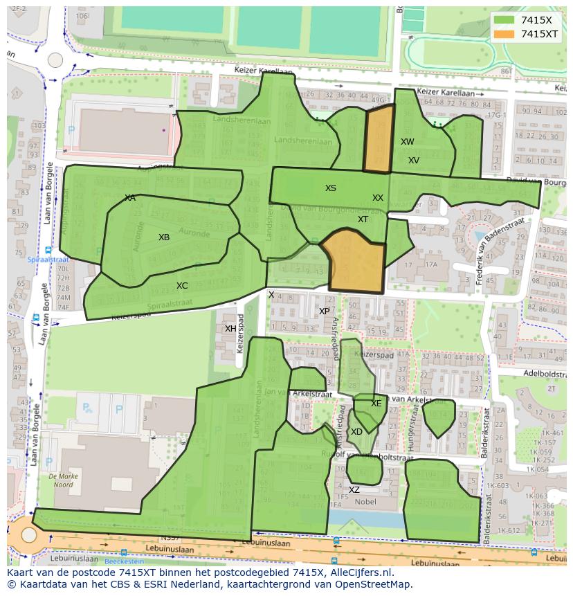 Afbeelding van het postcodegebied 7415 XT op de kaart.