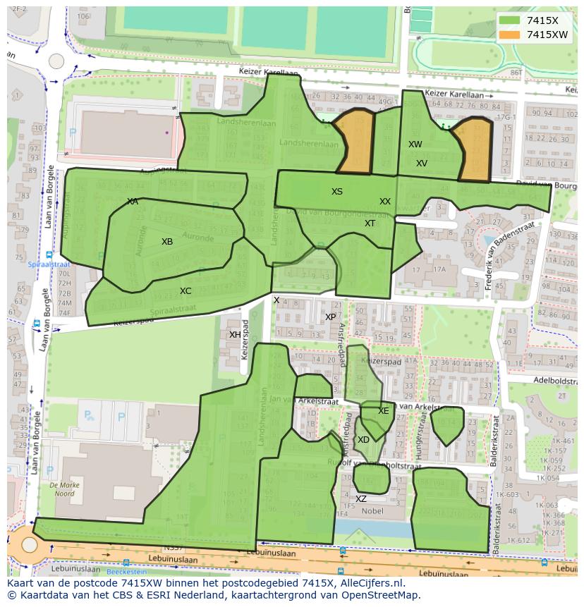 Afbeelding van het postcodegebied 7415 XW op de kaart.