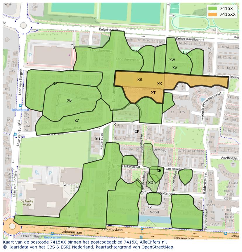 Afbeelding van het postcodegebied 7415 XX op de kaart.