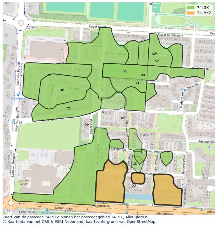 Afbeelding van het postcodegebied 7415 XZ op de kaart.