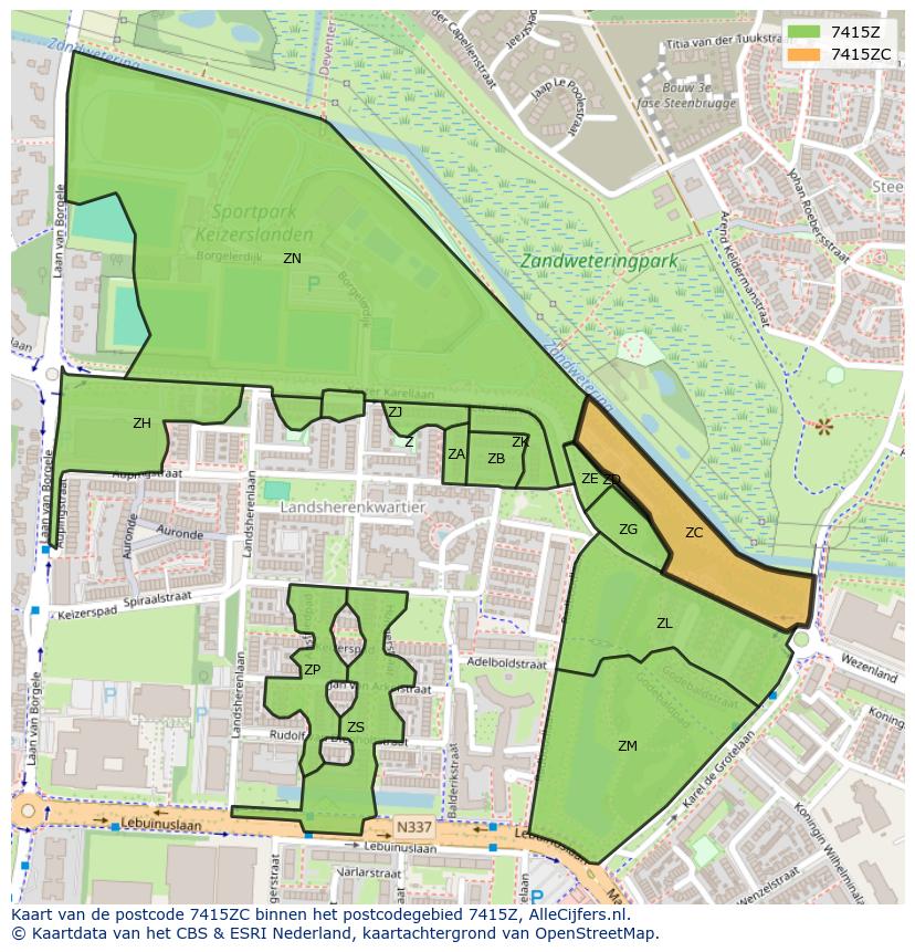 Afbeelding van het postcodegebied 7415 ZC op de kaart.