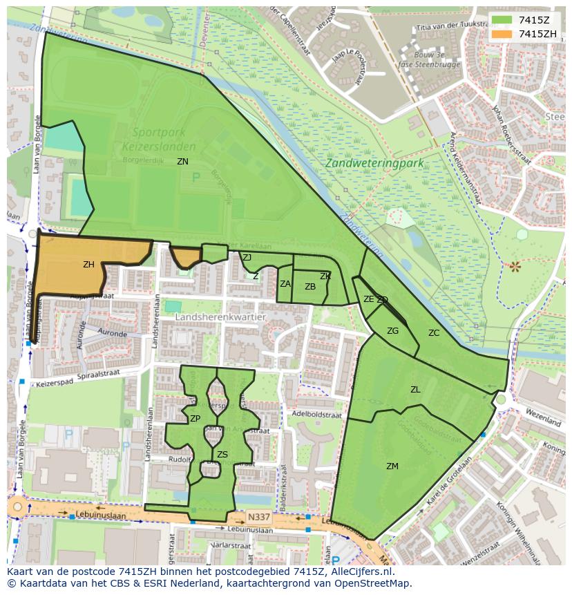 Afbeelding van het postcodegebied 7415 ZH op de kaart.