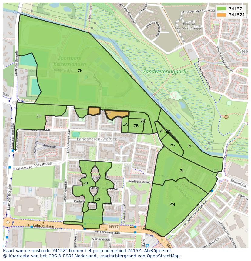 Afbeelding van het postcodegebied 7415 ZJ op de kaart.