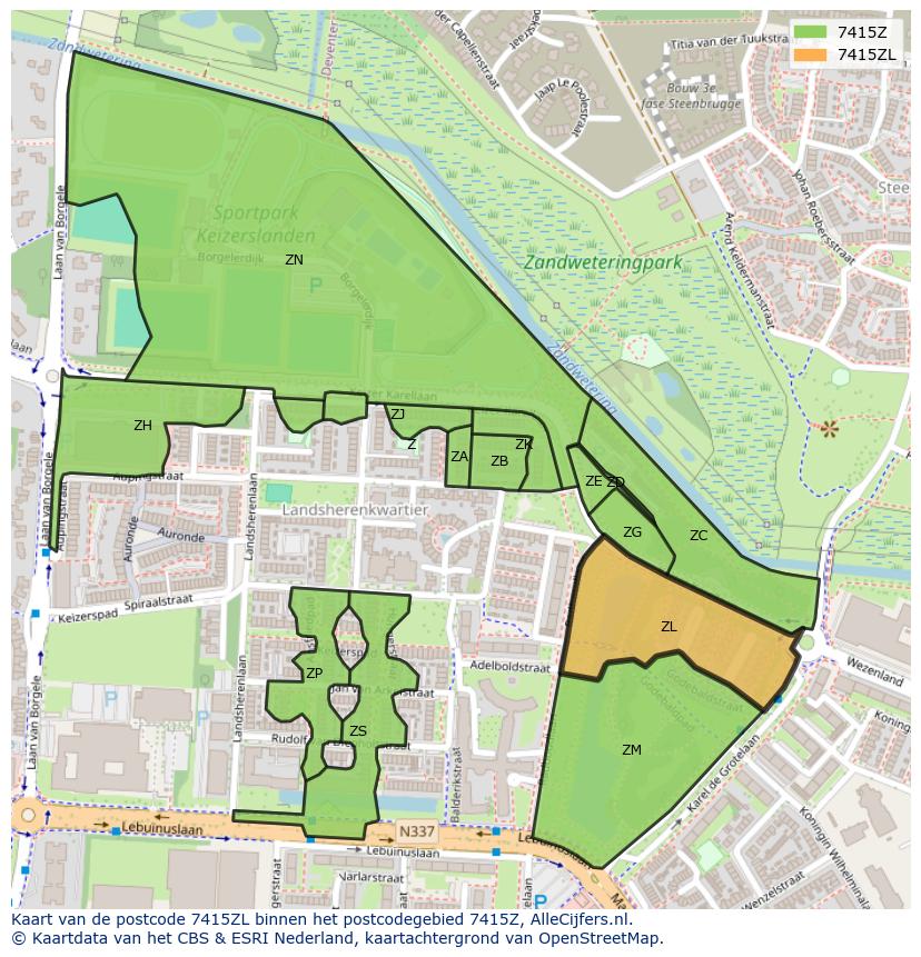 Afbeelding van het postcodegebied 7415 ZL op de kaart.