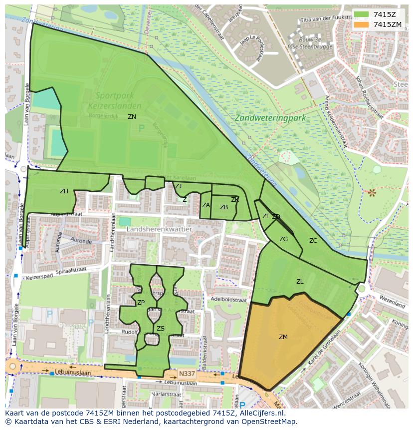 Afbeelding van het postcodegebied 7415 ZM op de kaart.