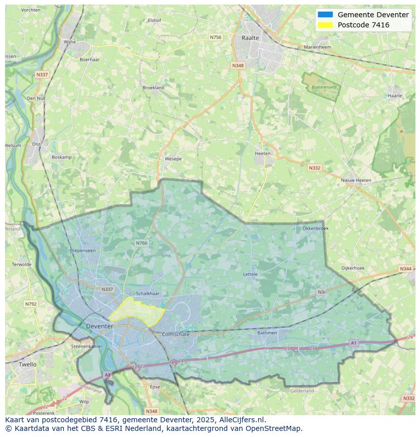 Afbeelding van het postcodegebied 7416 op de kaart.