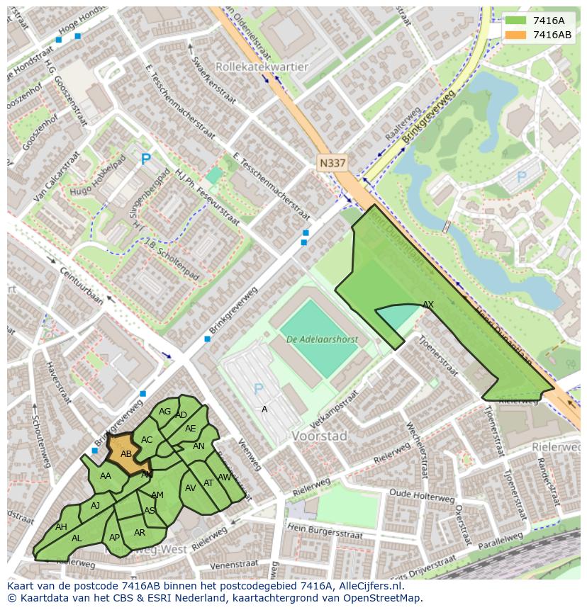 Afbeelding van het postcodegebied 7416 AB op de kaart.
