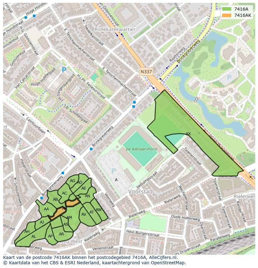 Afbeelding van het postcodegebied 7416 AK op de kaart.