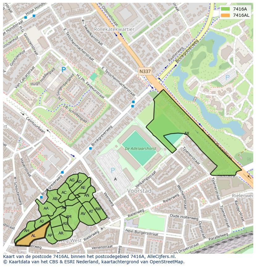 Afbeelding van het postcodegebied 7416 AL op de kaart.