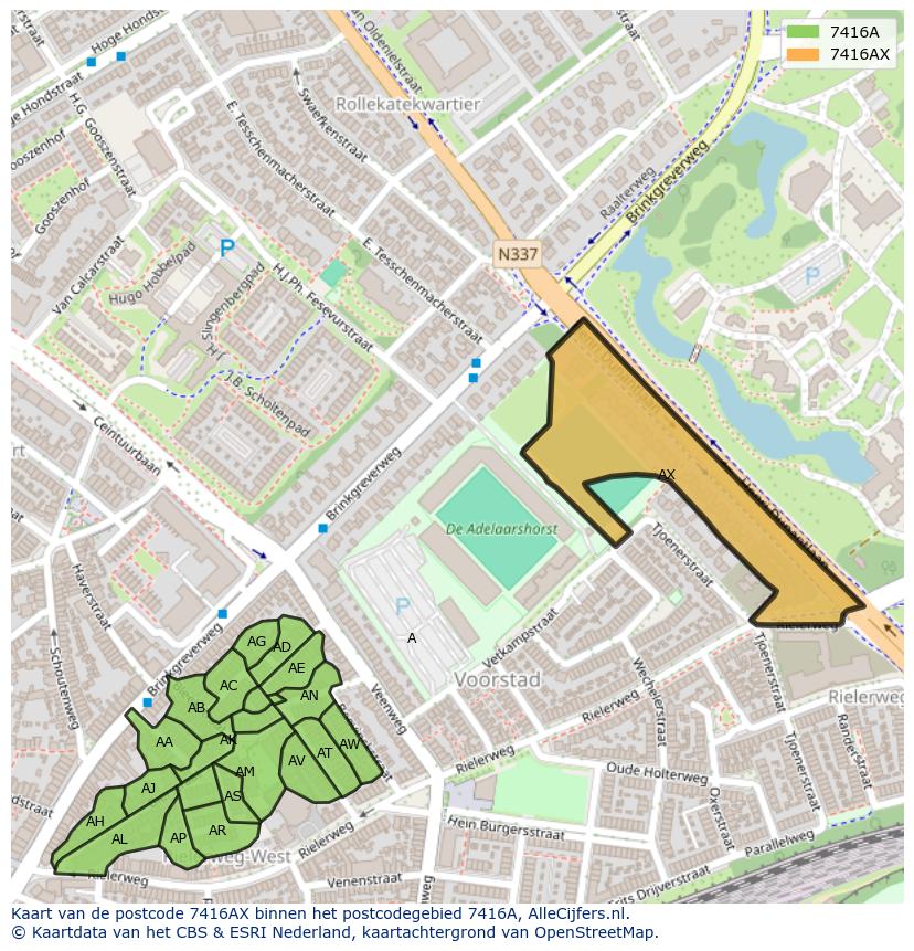Afbeelding van het postcodegebied 7416 AX op de kaart.