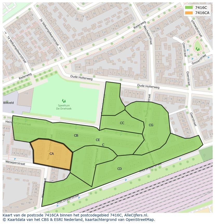 Afbeelding van het postcodegebied 7416 CA op de kaart.