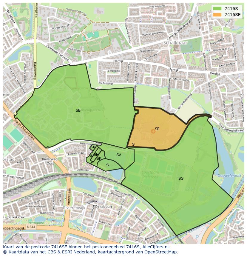 Afbeelding van het postcodegebied 7416 SE op de kaart.