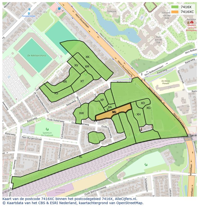 Afbeelding van het postcodegebied 7416 XC op de kaart.