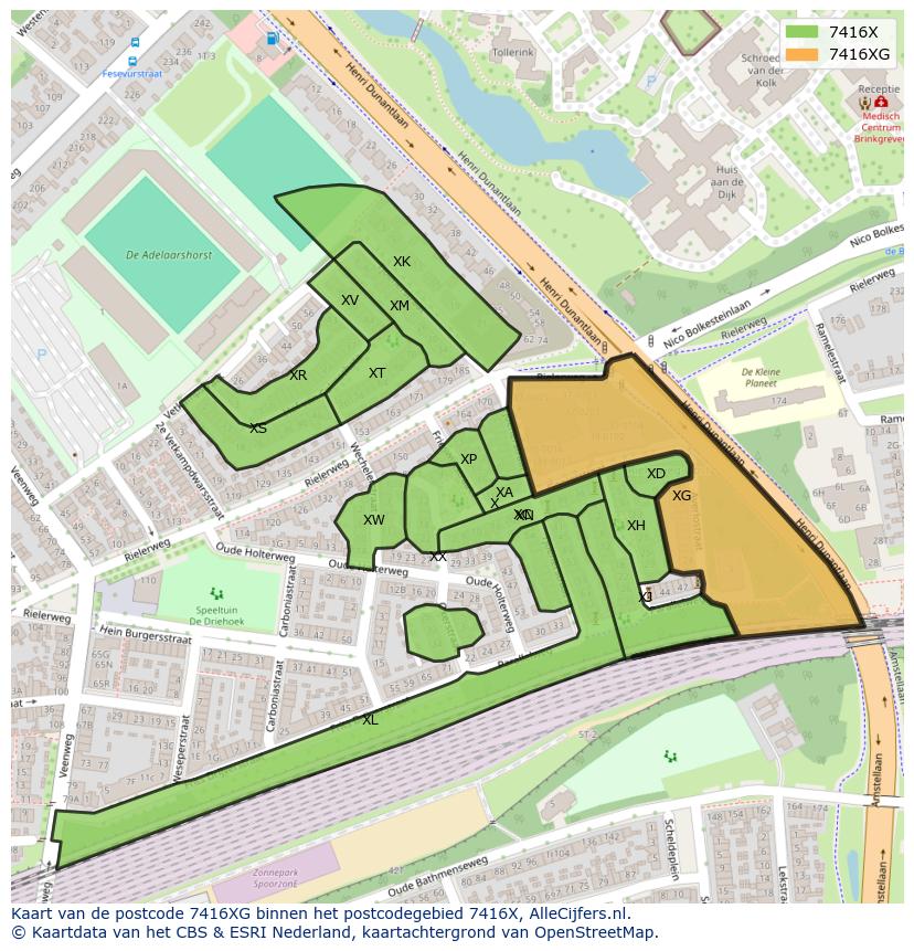 Afbeelding van het postcodegebied 7416 XG op de kaart.