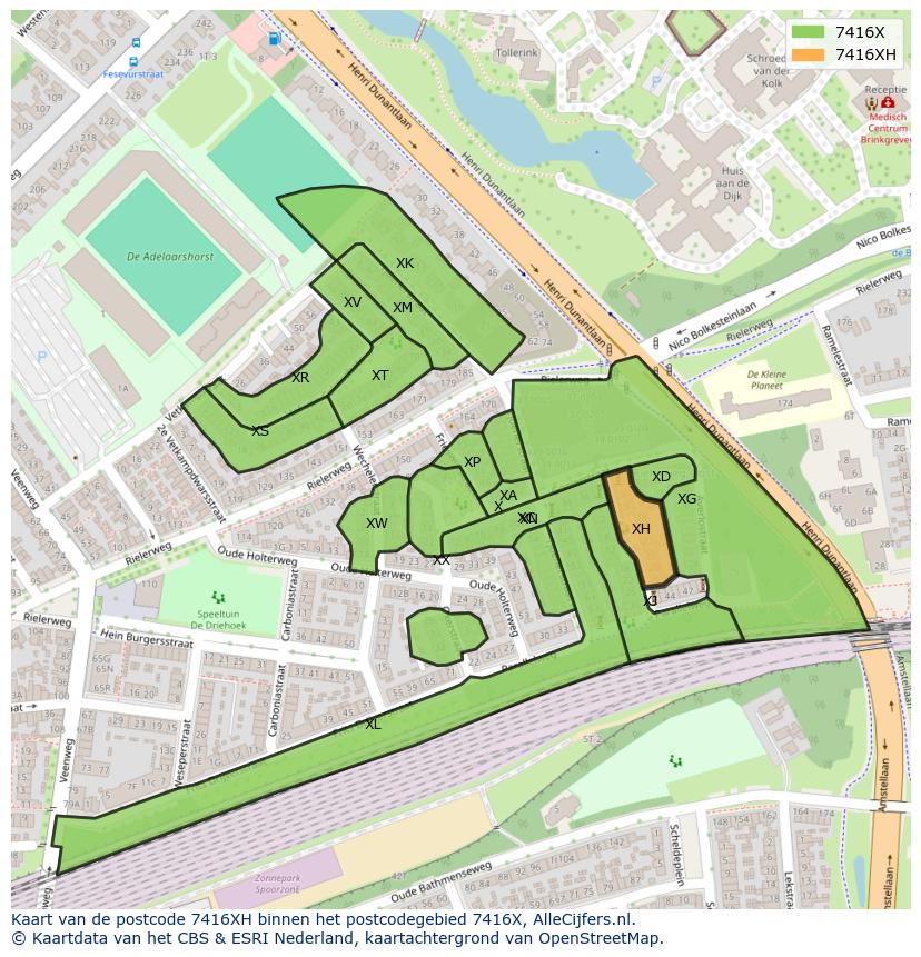 Afbeelding van het postcodegebied 7416 XH op de kaart.