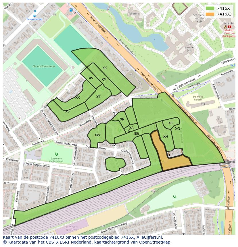 Afbeelding van het postcodegebied 7416 XJ op de kaart.