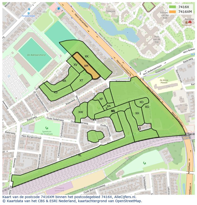 Afbeelding van het postcodegebied 7416 XM op de kaart.