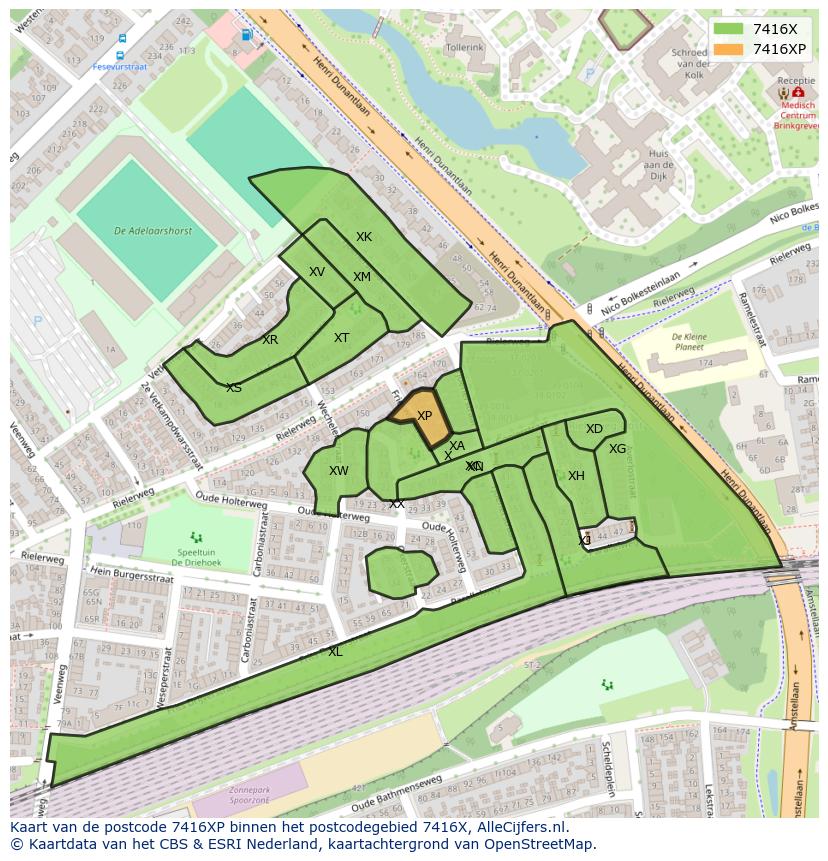 Afbeelding van het postcodegebied 7416 XP op de kaart.