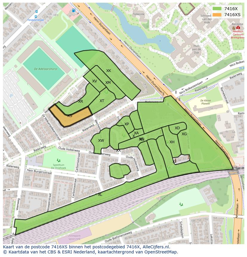 Afbeelding van het postcodegebied 7416 XS op de kaart.