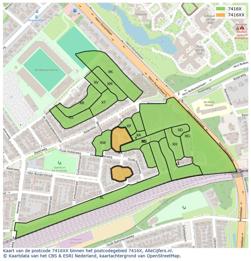Afbeelding van het postcodegebied 7416 XX op de kaart.