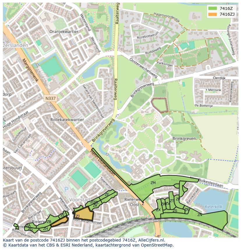 Afbeelding van het postcodegebied 7416 ZJ op de kaart.