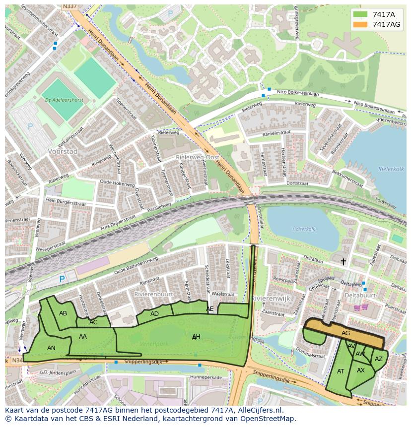 Afbeelding van het postcodegebied 7417 AG op de kaart.