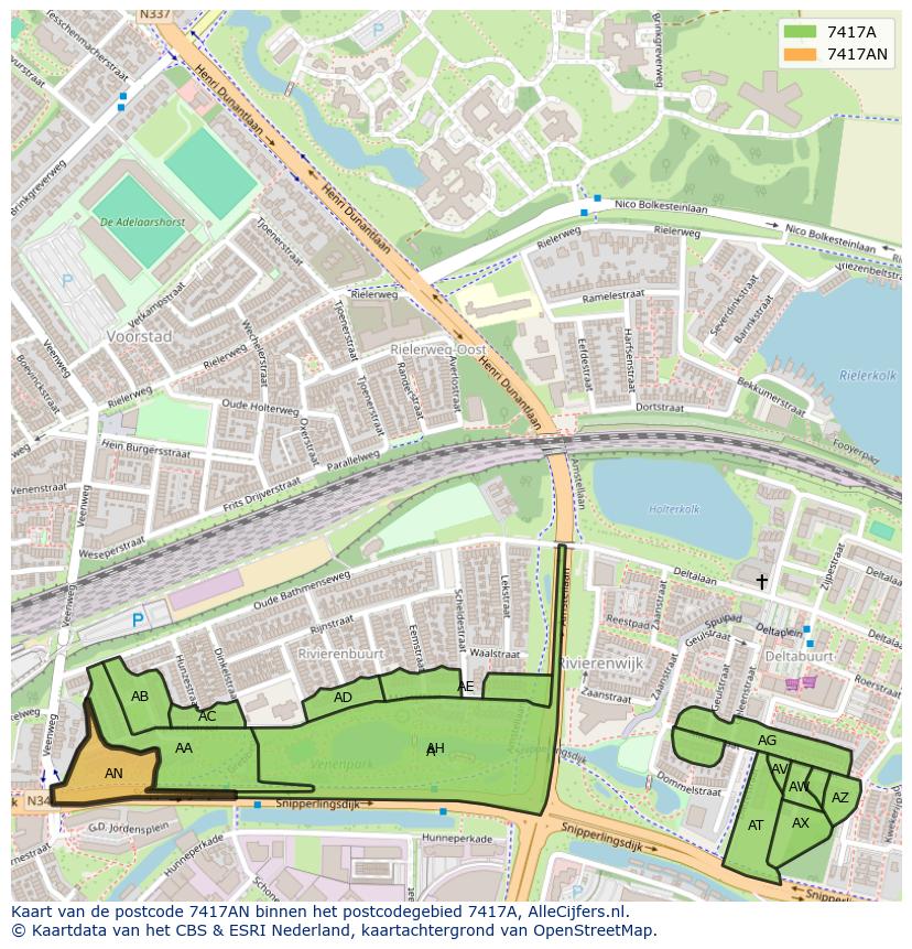 Afbeelding van het postcodegebied 7417 AN op de kaart.