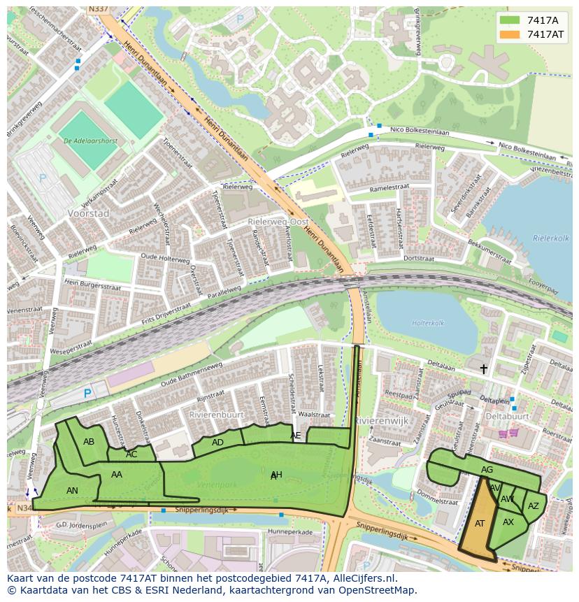 Afbeelding van het postcodegebied 7417 AT op de kaart.