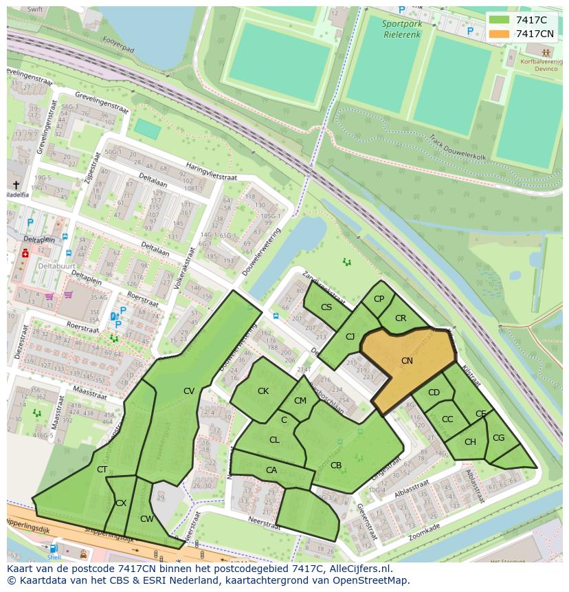 Afbeelding van het postcodegebied 7417 CN op de kaart.