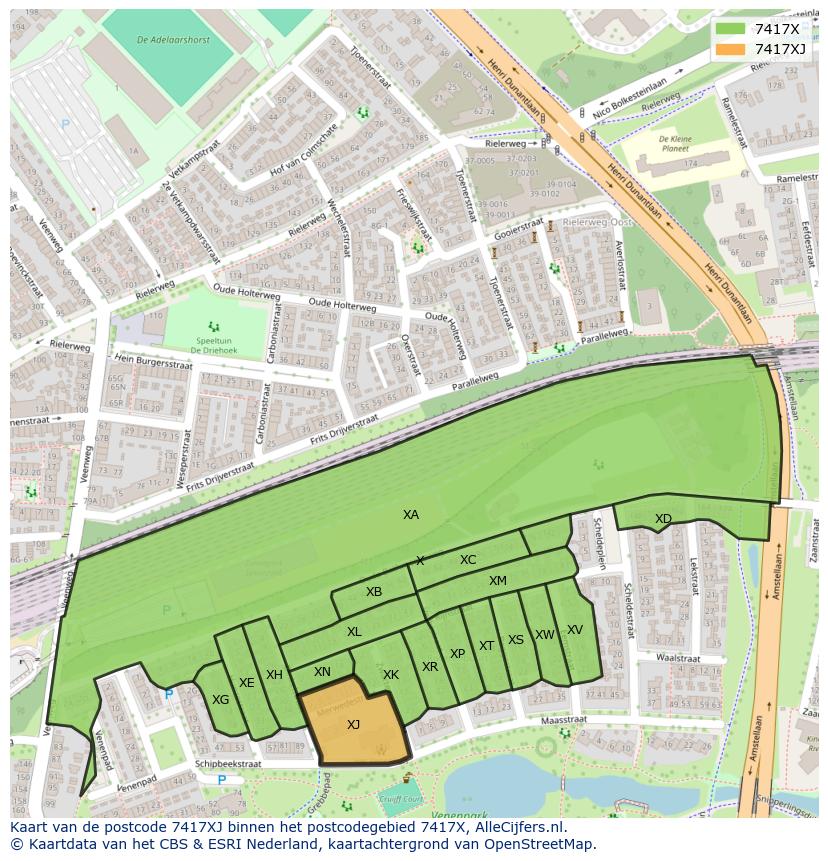 Afbeelding van het postcodegebied 7417 XJ op de kaart.